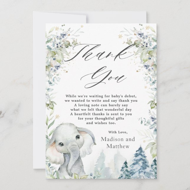 Carte De Remerciements Baby shower chic Elephant Winter Wonderland  (Devant)