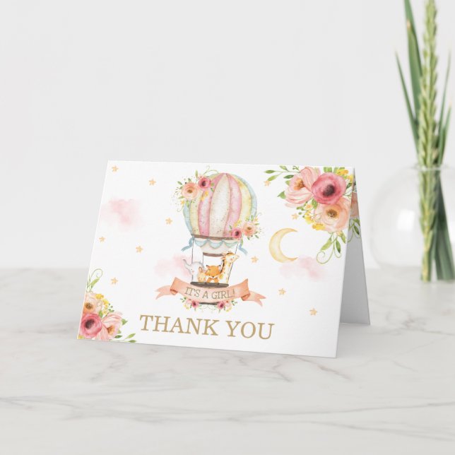 Carte De Remerciements Baby shower Chic Floral Hot Air Balloon Animaux (Devant)