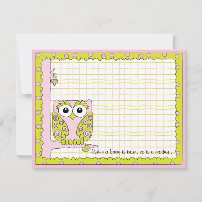 Carte de remerciements baby shower, Chouette rose/ (Devant)