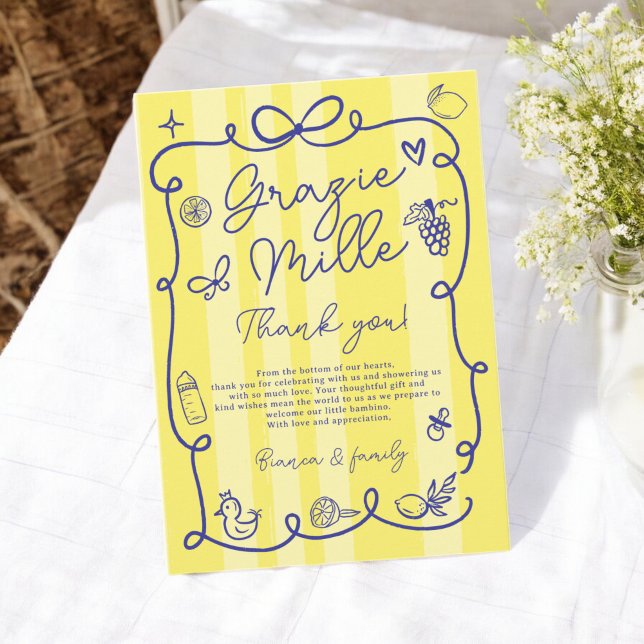 Carte De Remerciements Baby shower Ciao à thème italien (Yellow Stripes Italian-Themed Ciao Baby Shower Thank You Card)