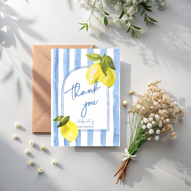 Carte De Remerciements Baby shower citrons rayures bleues à la main (Ciao bambino Handrawn blue stripes lemons Italian baby shower thank you cards)