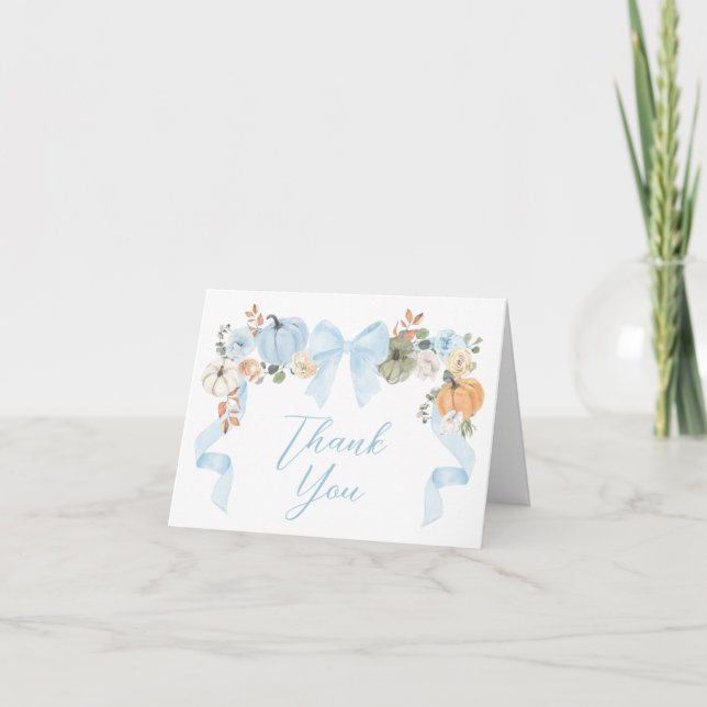 Carte De Remerciements Baby shower Citrouille Blue Bow (Devant)