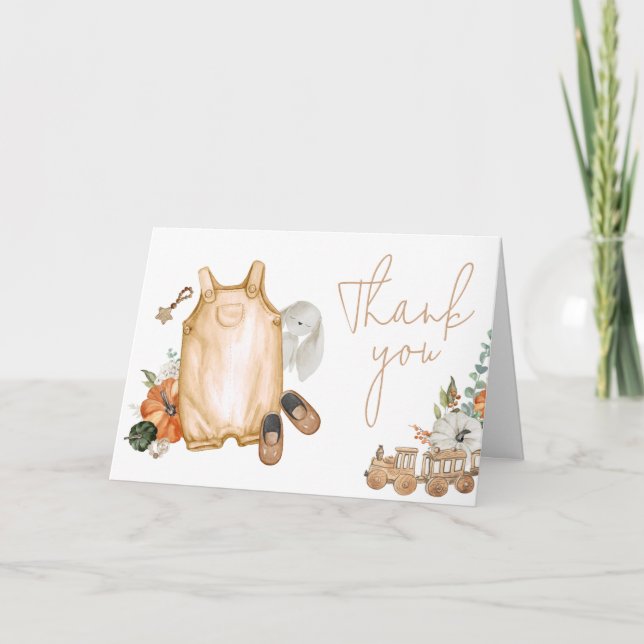 Carte De Remerciements Baby shower Citrouille d'automne Vêtements de bébé (Devant)