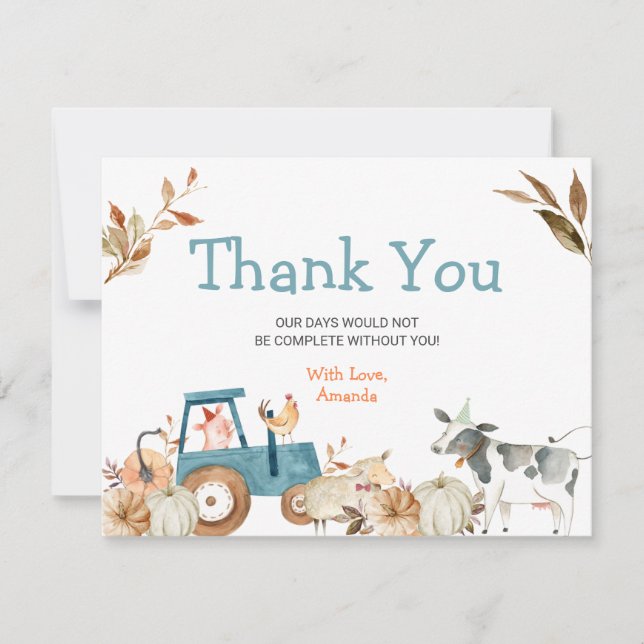 Carte De Remerciements Baby shower citrouille de tracteur pour animaux de (Devant)