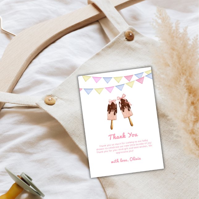 Carte De Remerciements Baby shower Crème de glace de Bow Popcicle Rose mi (Cute Pink Popcicle Bow Ice Cream Baby Shower Thank You Card)