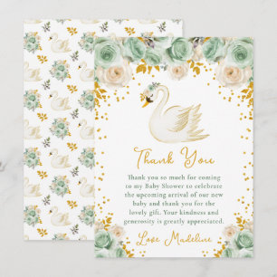 Carte De Remerciements Baby Shower Cygne Vert de Sauge et Roses Dorées