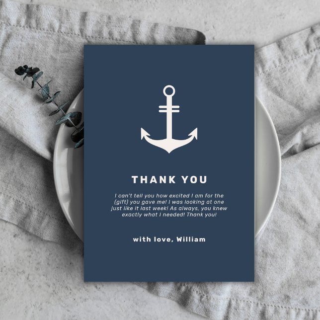 Carte De Remerciements Baby shower d'Ancre marine bleu beige (Navy Blue Beige Nautical Anchor Baby Shower Thank You Card)
