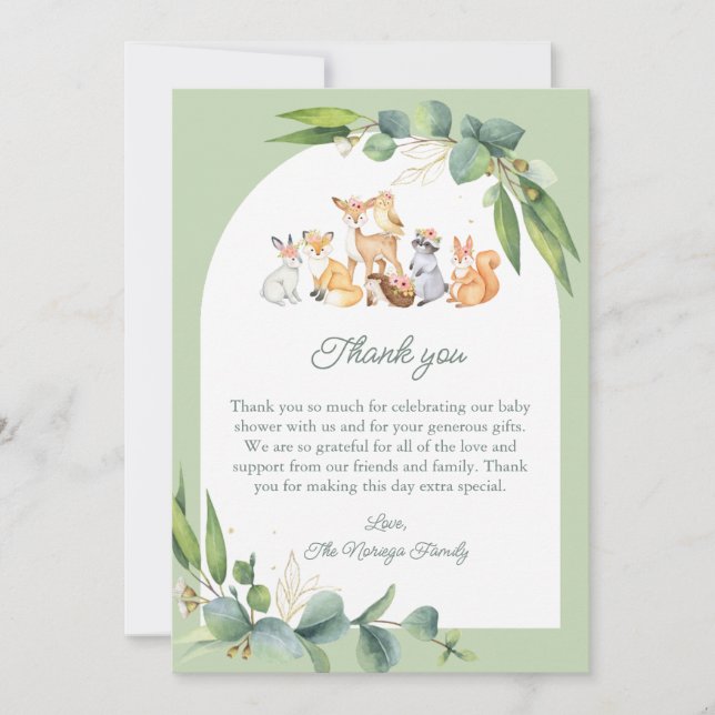 Carte De Remerciements Baby shower d'animaux de bois de verdure (Devant)