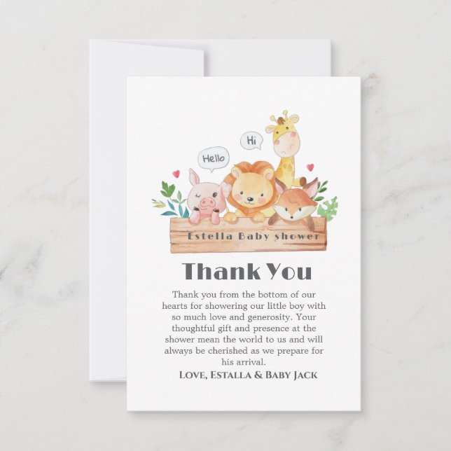 Carte De Remerciements Baby shower d'animaux de bois mignons et amusants (Devant)