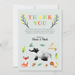 Carte De Remerciements Baby shower d'animaux de la forêt boisée mignonne