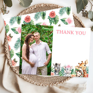 Carte De Remerciements Baby shower d'animaux de la Jungle de Safari rose