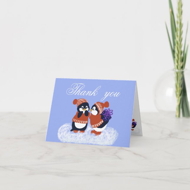 Carte De Remerciements Baby shower d'anniversaire d'hiver de Penguin (Devant)