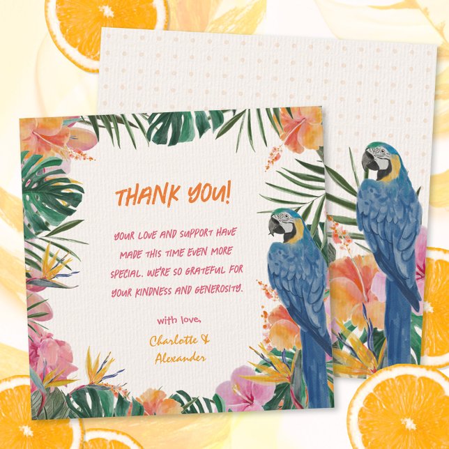 Carte De Remerciements Baby shower d'aquarelle de perroquet floral tropic (Tropical Floral Parrot Watercolor Baby Shower Thank You Card ©Susanne Sachers - Sunny Mind 🌞)