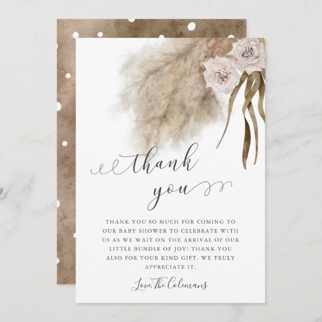 Carte De Remerciements Baby shower d'aquarelle rose Pampas Grass (Devant / Derrière)