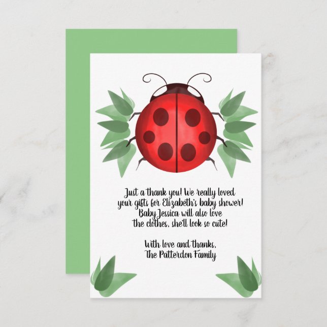 Carte De Remerciements Baby shower d'aquarelle rouge noir vert Ladybug (Devant / Derrière)