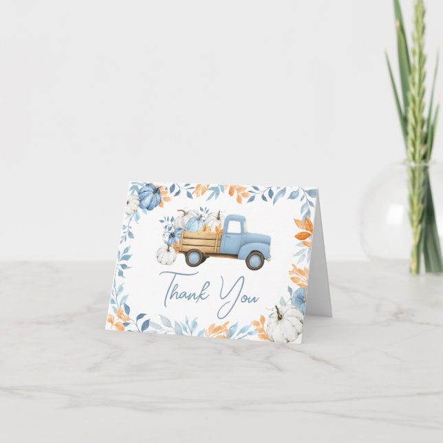 Carte De Remerciements Baby shower d'automne du petit Citrouille Blue Tru (Devant)