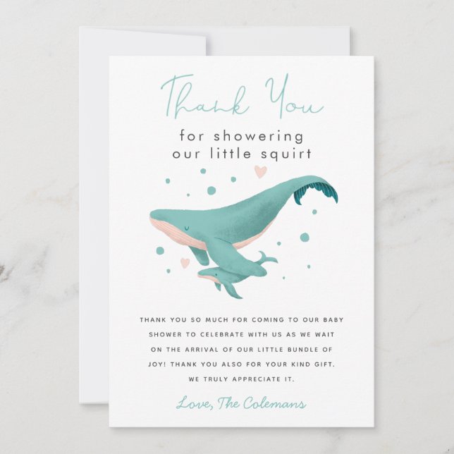 Carte De Remerciements Baby shower de baleine Little Squirt (Devant)