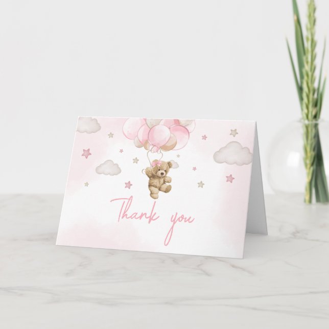 Carte De Remerciements Baby shower de ballon d'ours rose Boho (Devant)