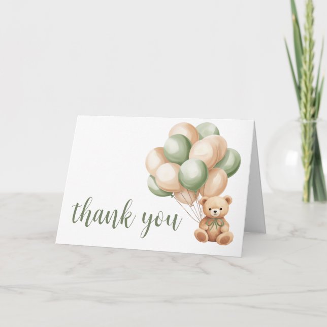 Carte De Remerciements Baby shower de ballon d'ours vert Sage (Devant)