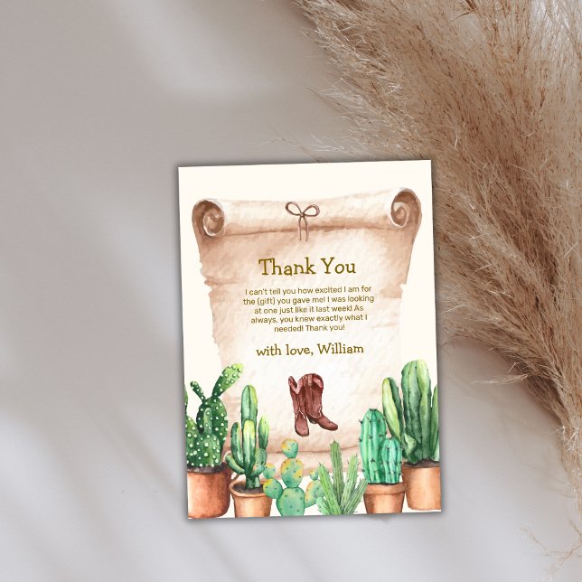 Carte De Remerciements Baby shower de Bottes Cactus Cowboy neutres du dés (Neutral Desert Cactus Cowboy Boots Baby Shower Thank You Card)