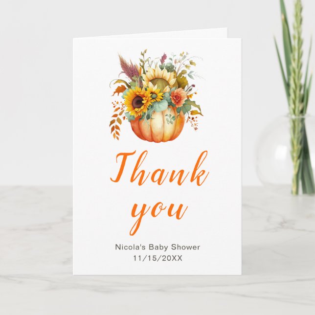 Carte De Remerciements Baby shower de bouquet de fleurs citrouilles (Devant)