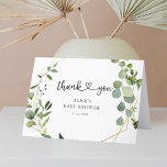 Carte De Remerciements Baby shower de calligraphie cardiaque Eucalyptus v<br><div class="desc">Baby shower carte de remerciements présente des feuilles d'eucalyptus verdoyants sur un cadre géométrique moderne et de calligraphie script avec un coeur.</div>