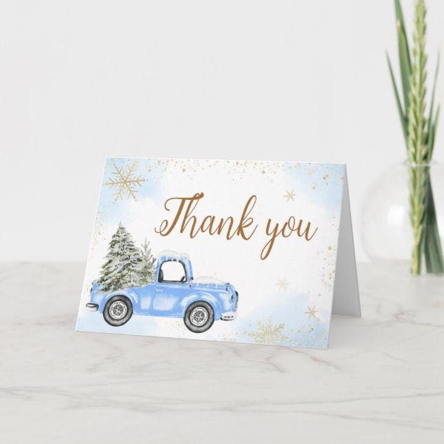 Carte De Remerciements Baby shower de camion bleu d'hiver (Devant)