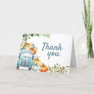 Carte De Remerciements Baby shower de camion bleu petit Citrouille