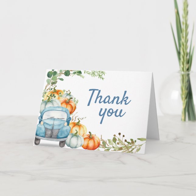 Carte De Remerciements Baby shower de camion bleu petit Citrouille (Devant)