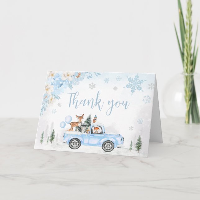 Carte De Remerciements Baby shower de camion Blue Winter Woodland (Devant)