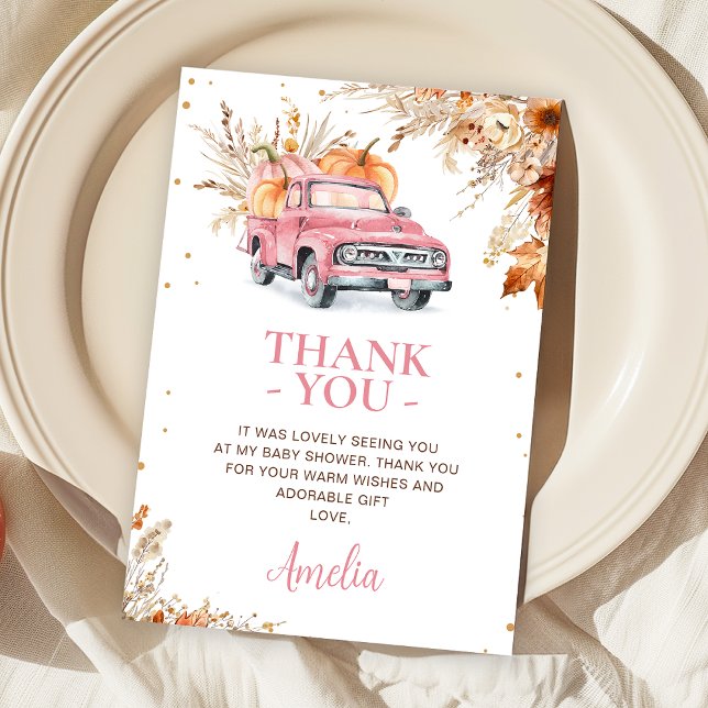 Carte De Remerciements Baby shower de camion Fleur sauvage rose Citrouill (Editable Pumpkin Truck Baby Shower Thank You Card Fall Harvest Pink Truck Baby Shower Girl Thank You)