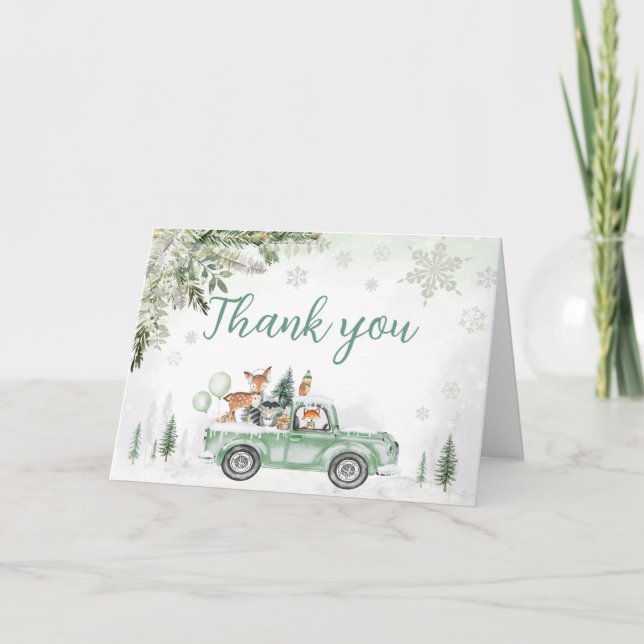 Carte De Remerciements Baby shower de camions verts Woodland d'hiver (Devant)
