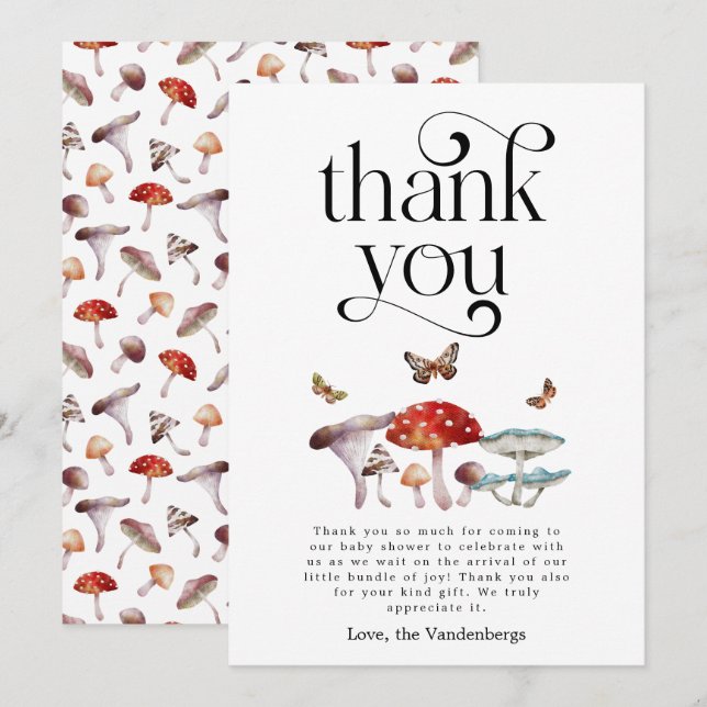 Carte De Remerciements Baby shower de champignons rustiques (Devant / Derrière)