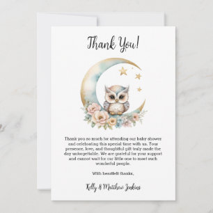 Carte De Remerciements Baby shower de chouette à aquarelle mignonne