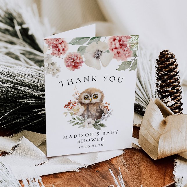 Carte De Remerciements Baby shower de Chouette d'hiver à l'aquarelle fine (Créateur téléchargé)