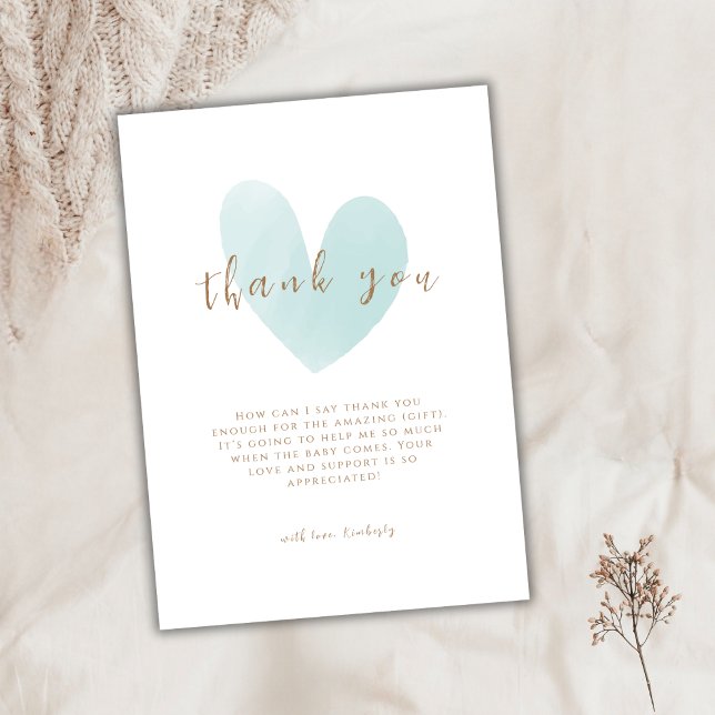 Carte De Remerciements Baby shower de coeur simple Mint Green (Mint Green Simple Heart Baby Shower Thank You Card)