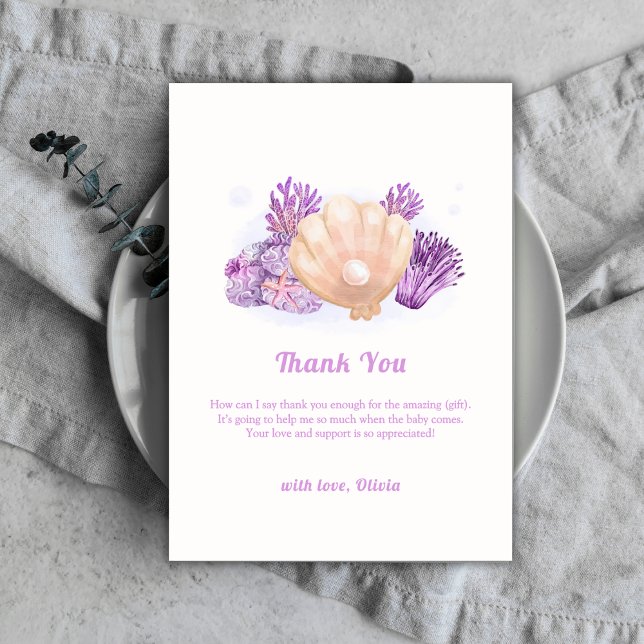 Carte De Remerciements Baby shower de coquillages de perles violets rusti (Purple Rustic Pearl Seashell Baby Shower Thank You Card)