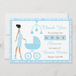 Carte De Remerciements Baby shower de femme afro-américaine Blue Damask