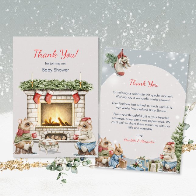 Carte De Remerciements Baby shower de fête du thé d'hiver (Cute Mice Cozy Winter Tea Party Baby Shower Thank You Card ©Susanne Sachers - Sunny Mind Design 🌞)