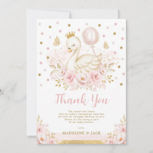 Carte De Remerciements Baby shower de fille à balloon rose Swan Princess