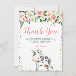 Carte De Remerciements Baby shower de fille de vache Floral d'or rose