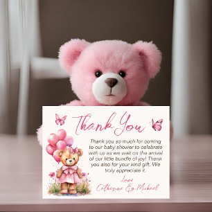 Carte De Remerciements Baby shower de fille papillon rose de l'ours en pe