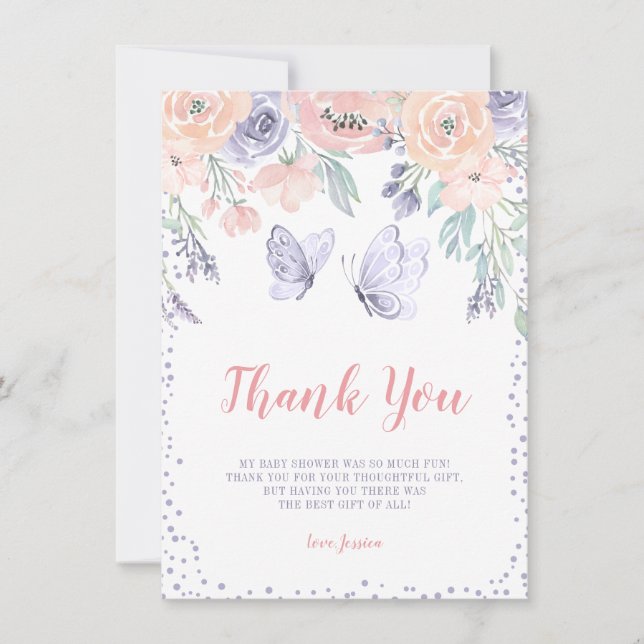 Carte De Remerciements Baby shower de fille papillon rose violet (Devant)