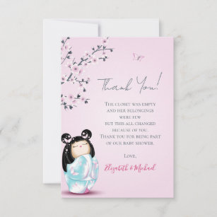 Carte De Remerciements Baby shower de fille rose Kokeshi Doll
