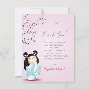 Carte De Remerciements Baby shower de fille rose Kokeshi Doll