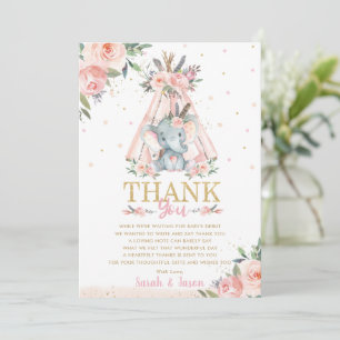 Carte De Remerciements Baby shower de filles tribales de Boho, fleurs d'é