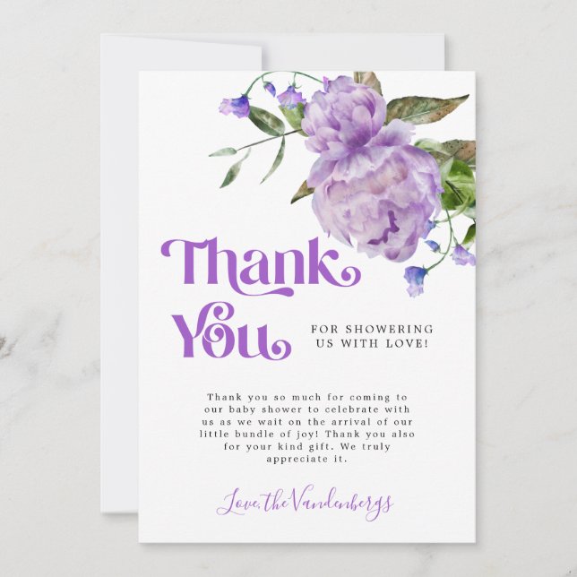 Carte De Remerciements Baby shower de fleurs d'aquarelle violet (Devant)