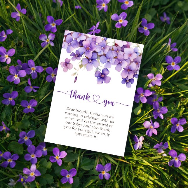 Carte De Remerciements Baby shower de fleurs de violet délicates au print (Spring Delicate Violet Flowers Baby Shower Thank You Card)
