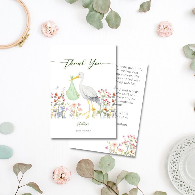 Carte De Remerciements Baby shower de fleurs printanières de cigogne spéc (Special delivery stork spring flowers traditional baby shower thank you cards)