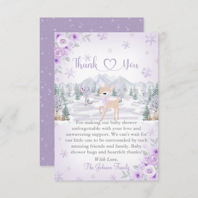 Carte De Remerciements Baby shower de Flocon de neige violet de cerf d'hi (Devant / Derrière)